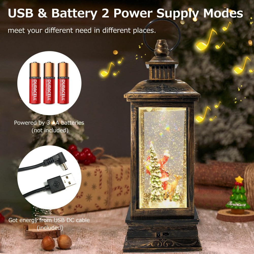 Marsyu Christmas Lantern Musical Christmas Snow Globes, USB & Battery Powered Rotating Glittering Water Lanterns with Timer, Vintage Christmas Decorations Home Décor Gifts (Santa Moose Snow Scene) - Image 6
