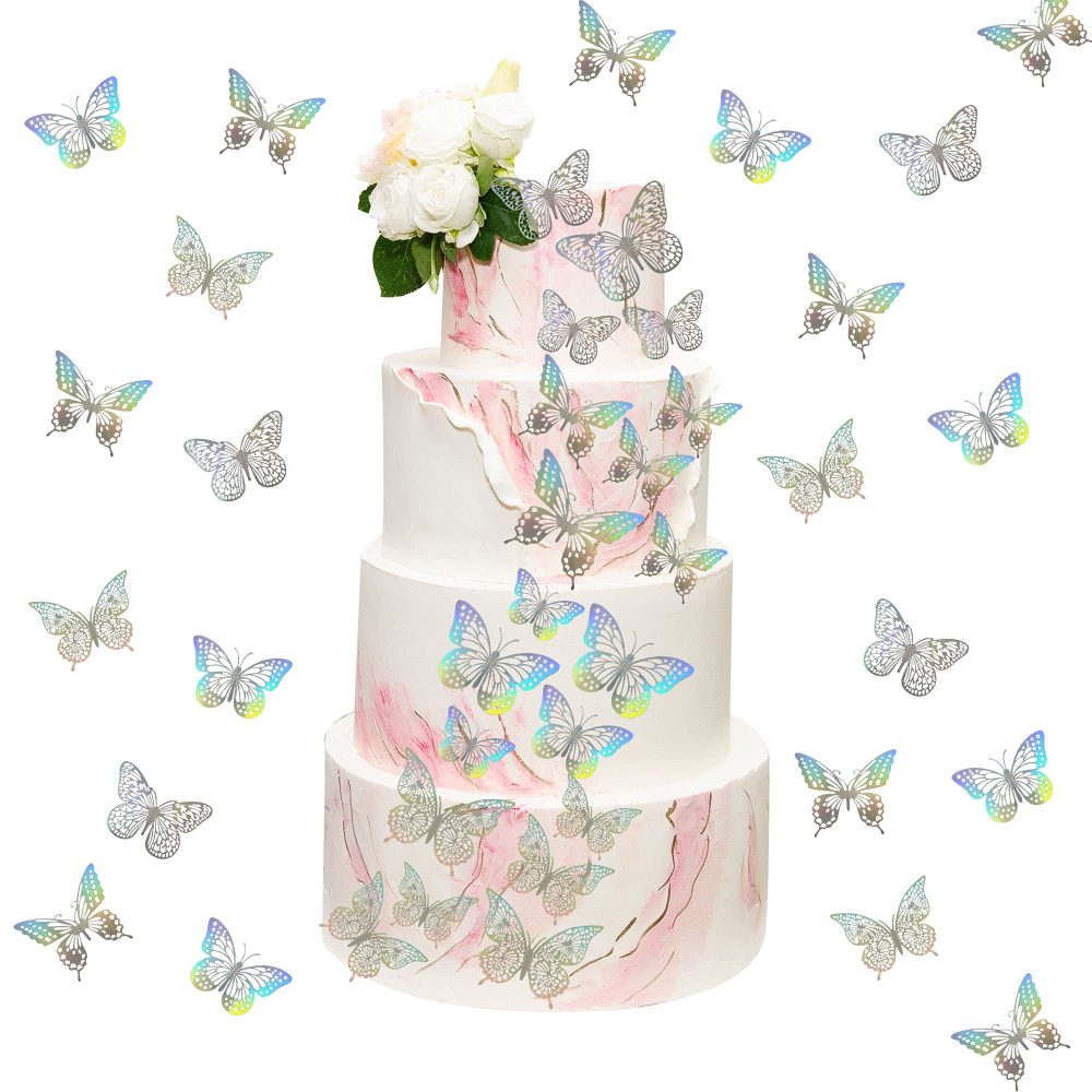 Gyufise 48Pcs Laser Silver Lively 3D Butterfly Cupcake Toppers Mixed Size Hollow Art Butterfly Cake Topper Decorations for Baby Shower Wedding Anniversary Kids Birthday Party Supplies