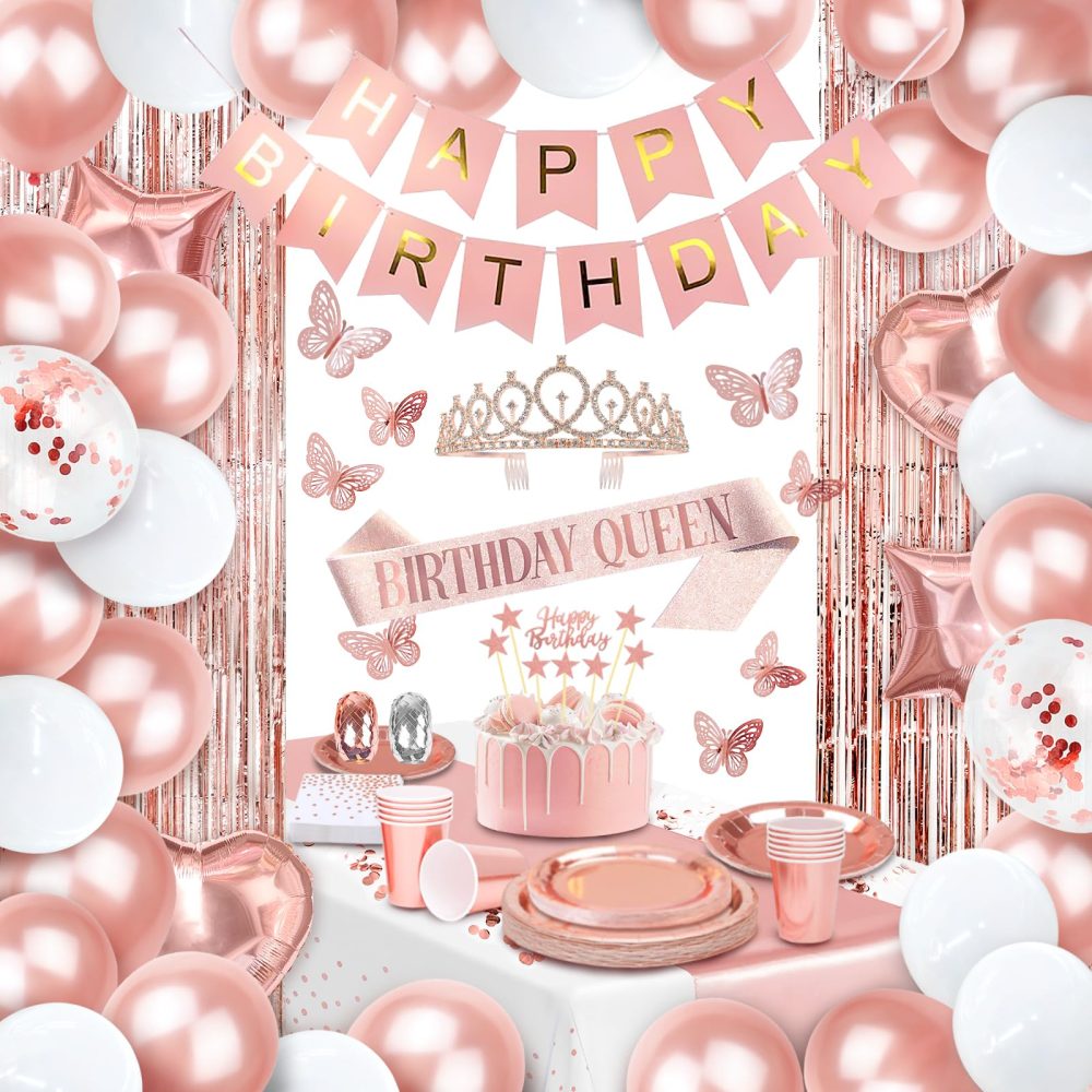 Party Spot! 253 Pcs Birthday Decorations For Women, Rose Gold Party Decorations, Happy Birthday Decorations - Balloon Stand Kit, Tableware Kit,Pump, Banner, Tassel Curtain,Balloon, For 25 Guests