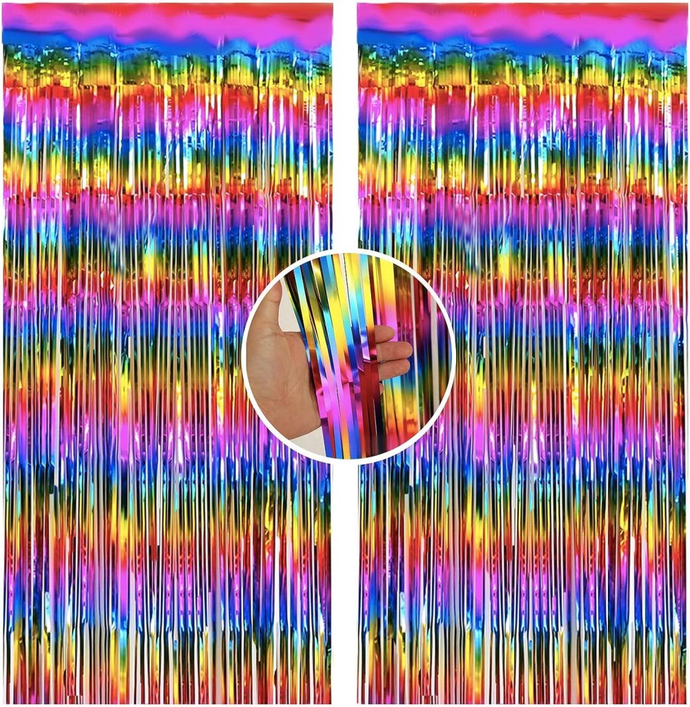 3pcs 2M X 1M Rainbow Multicolour Metallic Tinsel Curtains Aluminum Foil Flow Silk Curtain Background Streamer Birthday Party Wedding Holiday Decoration (Rainbow) - Image 3