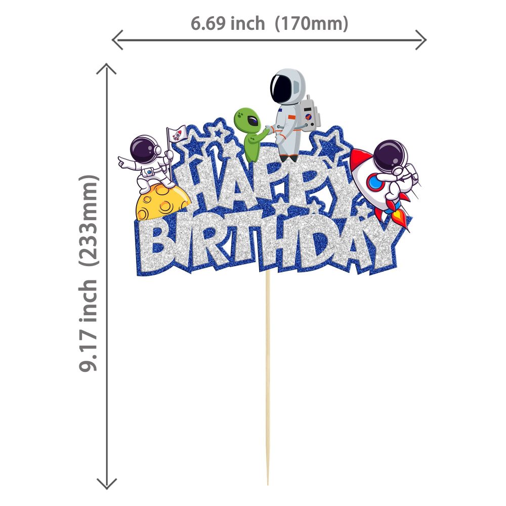 Gyufise 1Pcs Space Happy Birthday Cake Topper Glitter Astronaut Rocket Space Birthday Cake Decorations Outer Space Theme Baby Shower Kids Birthday Party Decorations Supplies - Image 6