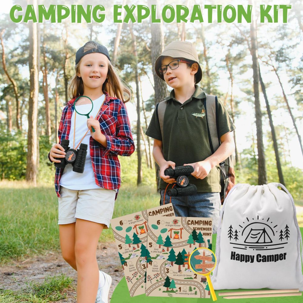 HyDren 8 Sets Camping Party Favors Safari Party Favors with 8 Camping Scavenger Hunt Cards 8 Canvas Gift Bags 8 Binocular Toys 8 Magnifying Glass 9 Pencils Outdoor Exploration Kit Camping Party Games - Image 3