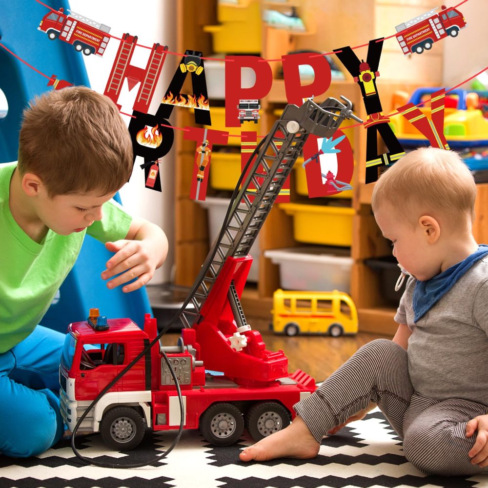 Fire Truck Happy Birthday Banner Sign, Fire Engine Rescue Birthday Bunting Banner Flag Garland for Kids Boys Fire Truck Birthday Party Carnival Party Decorations Supplies - Image 4