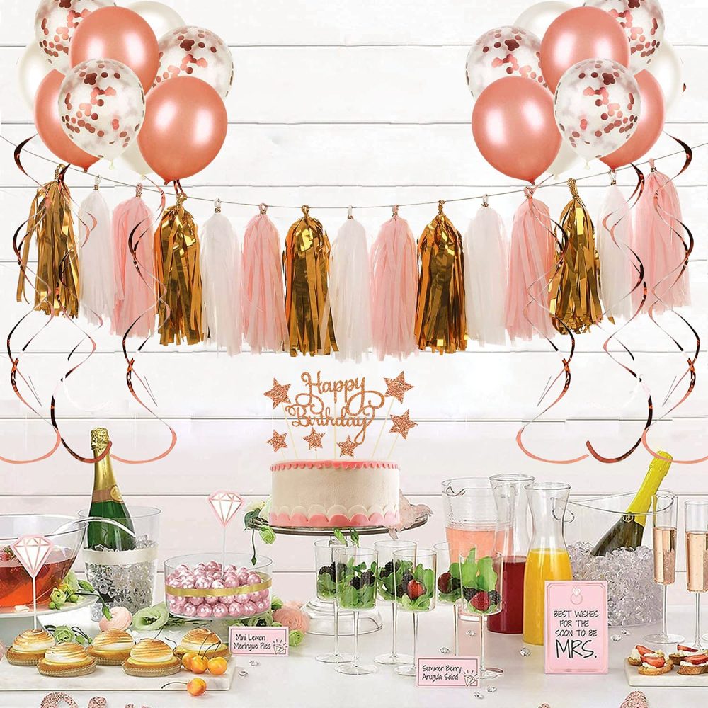Rose Gold and Pink Birthday Party Decorations Set with Happy Birthday Banner,DIY Cake Topper,Circle Dots Garland,Hanging Swirls,Tissue Paper Pompoms,Paper Tassels Garland,Confetti Balloons - Image 6