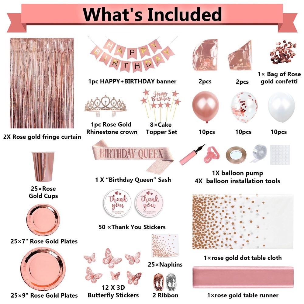 Party Spot! 253 Pcs Birthday Decorations For Women, Rose Gold Party Decorations, Happy Birthday Decorations - Balloon Stand Kit, Tableware Kit,Pump, Banner, Tassel Curtain,Balloon, For 25 Guests - Image 6