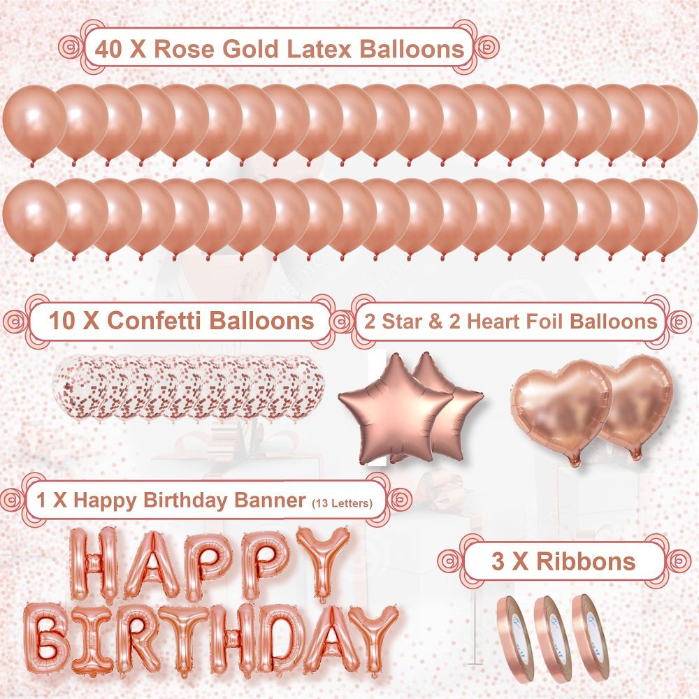 Areebz 82pc Rose Gold Birthday Party Decorations, Happy Birthday decoration banner Latex Confetti Star Heart foil Balloons tassel curtain tablecloth for Girls Women Party Supplies - Image 7