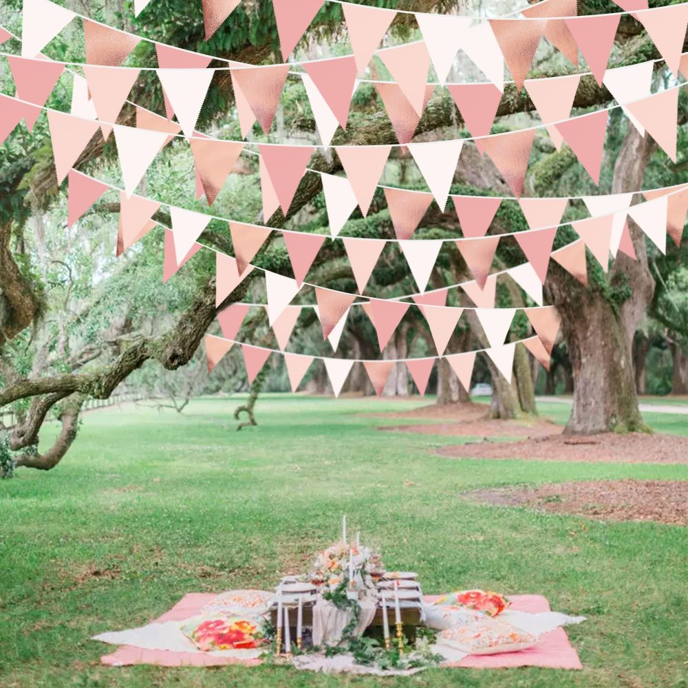 32Ft Dusty Blush Pink Rose Gold Bunting Banner Party Decorations Fabric Triangle Flag Pennant Garland Streamers for Birthday Wedding Baby Bridal Shower Anniversary Outdoor Garden Hanging Decoration - Image 2