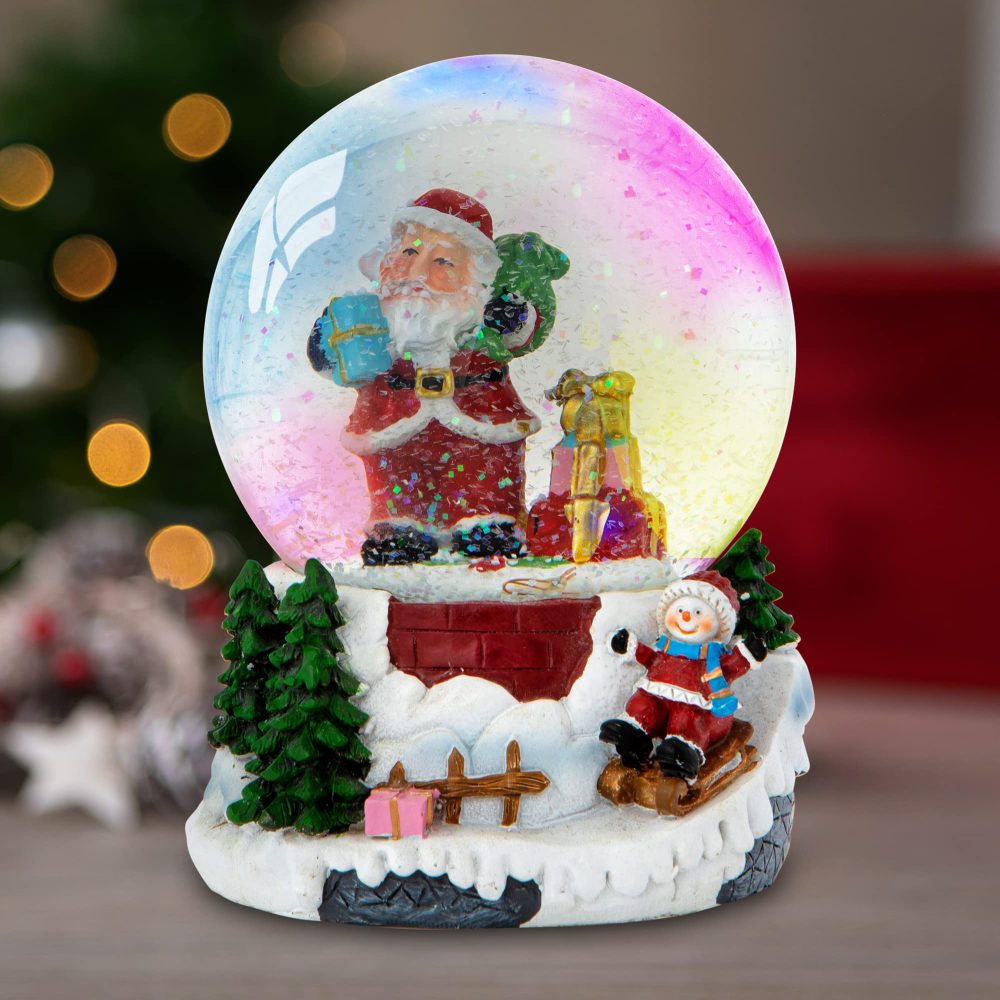 Celebright Christmas Musical Snow Globe - Plays 8 Songs Including Jingle Bells & Lights Up with Changing LED Colours - Large 14cm (Santa & Child Sledging) - Image 8