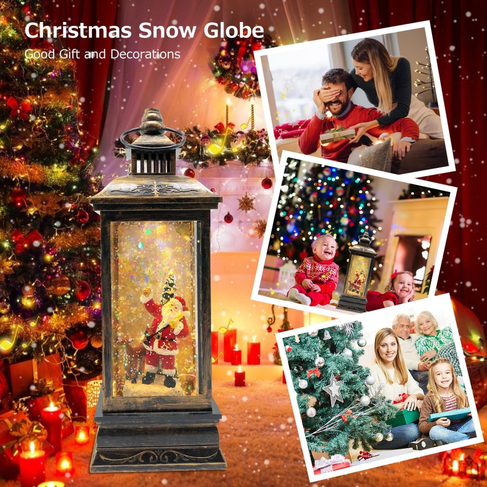 Marsyu Christmas Lantern Musical Christmas Snow Globes, USB & Battery Powered Rotating Glittering Water Lanterns with Timer, Vintage Christmas Decorations Home Décor Gifts (Santa Moose Snow Scene) - Image 2