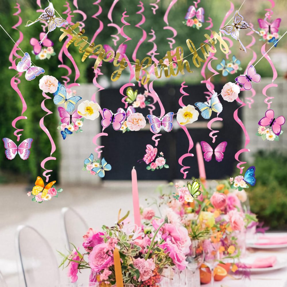 SUNBEAUTY Butterfly Birthday Party Decorations Paper Flowers Hanging Butterfly Decorations Butterfly Birthday DIY Banner Hanging Swirls Decorations Birthday Decorations for Women Girls Children - Image 3