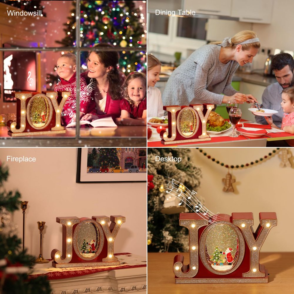 Lewondr Christmas Snow Globes with Music and Light, JOY Crystal Ball with 8 Different Christmas-themed Songs, 6 Hours Timer Function Snow Globe Powered by USB & Battery for Dining Table, Fireplace - Image 3