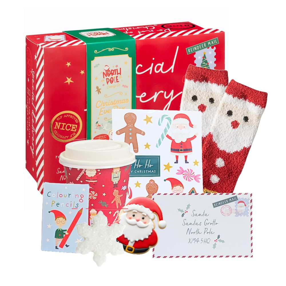 Christmas Eve Box Gift Set - Hot Chocolate Mix with Cup, Pencils, Socks, Christmas Sweets & Toppings Christmas Eve Hamper Gift Box for Stocking Fillers Kids or Christmas Gifts with Topline Card