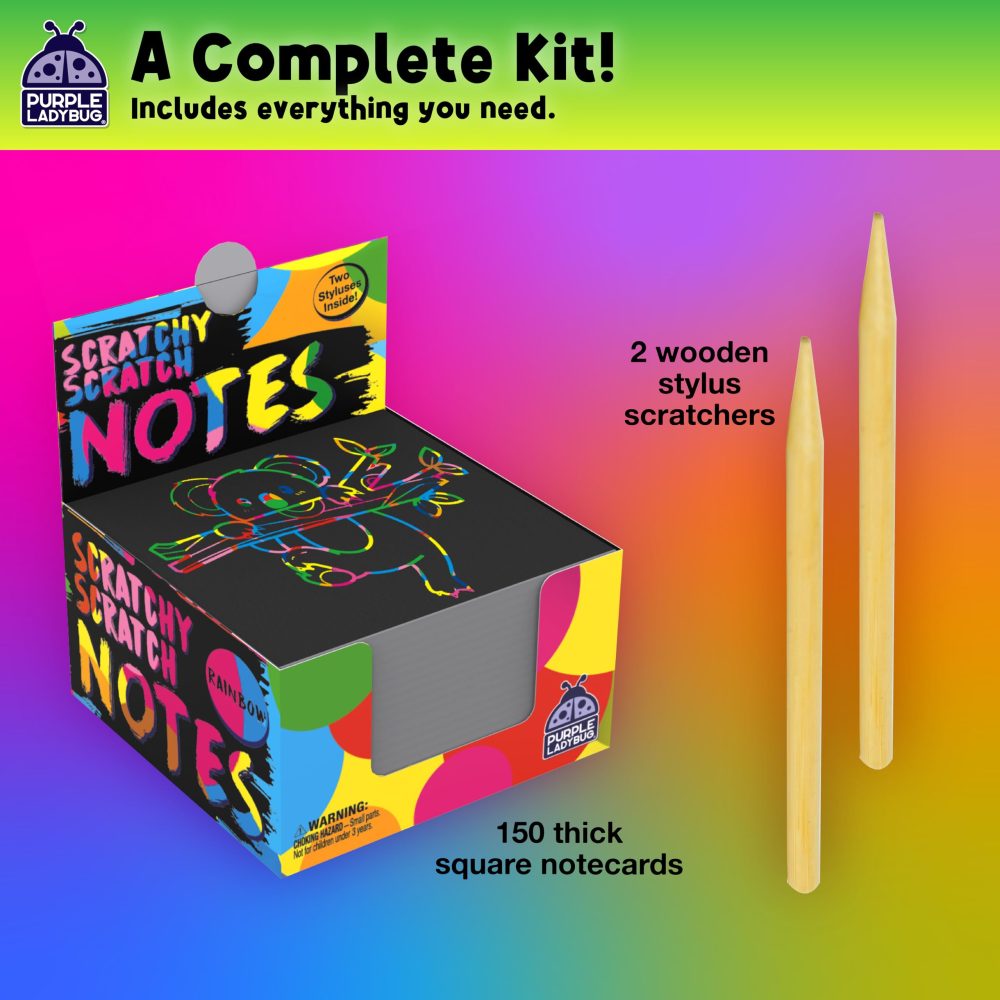 PURPLE LADYBUG 150 Pcs Rainbow Scratch Notes Mini Craft Kits - Scratch Art for Kids, Scratch Art Papers with Wooden Stylus - Fun Christmas Stocking Fillers Kids - Small Gifts for Kids, Teens, & Adults - Image 7