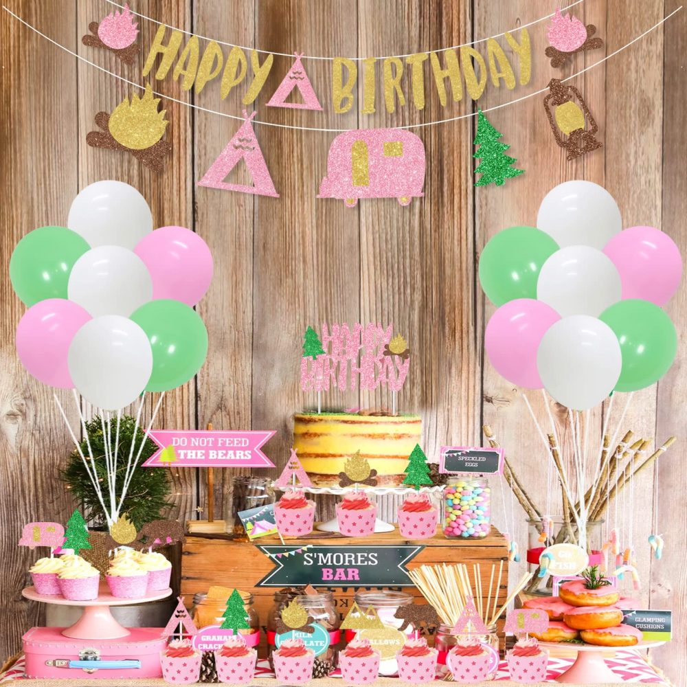 Girl Camping Party Decorations - Pink Camping Party Decorations with Happy Birthday Camping Backdrop, Cake Topper, Banner Garland, Cupcake Topper for Camping Themed Birthday Party Supplies - Image 8