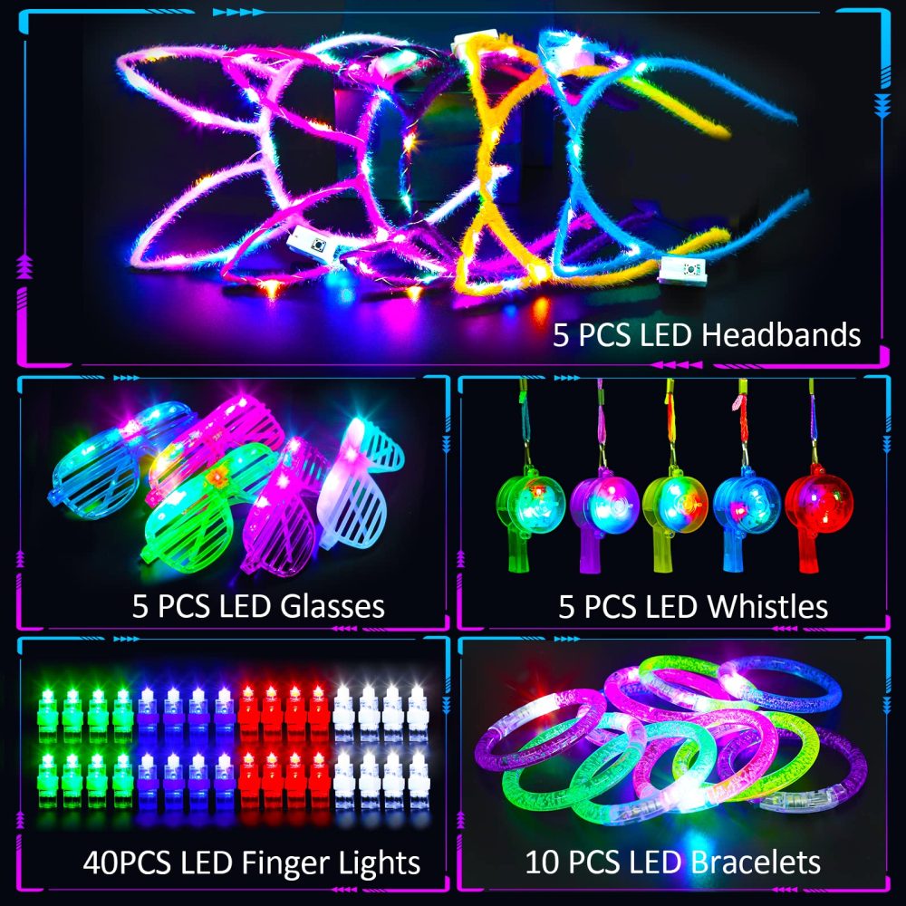Light Up Toys Party Bag Fillers for Kids - Glow Party Supplies 65 Pack Led Birthday Party Favors for Kids Boys Girls, 5 Light Up Glasses 10 Bracelets 5 Flashing Headbands 5 Necklaces 40 Finger Lights - Image 5