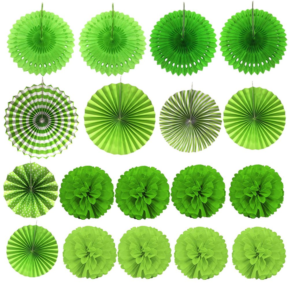 ZERODECO Party Decoration, 21 Pcs Green Hanging Paper Fans, Pom Poms Flowers, Garlands String Polka Dot and Triangle Bunting Flags for Golf Party Dinosaur Birthday Parties Arbor Day - Image 2