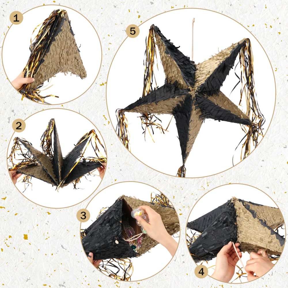 Auihiay Black Gold Star Piñata, Foldable Pinata for Boys and Girls, Fashion Star Pinatas for New Year, Birthday Party, Anniversary, Mexican Taco Party - Image 4