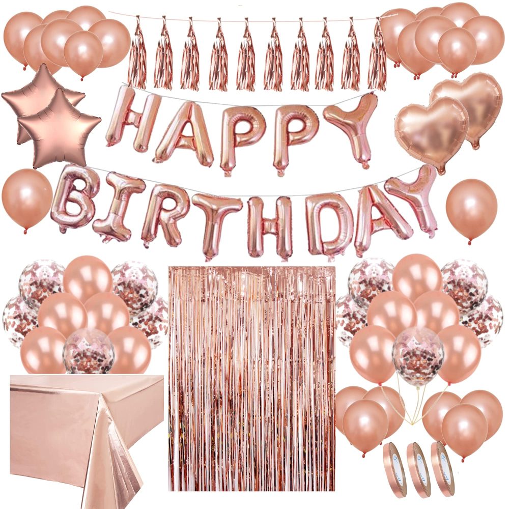 Areebz 82pc Rose Gold Birthday Party Decorations, Happy Birthday decoration banner Latex Confetti Star Heart foil Balloons tassel curtain tablecloth for Girls Women Party Supplies