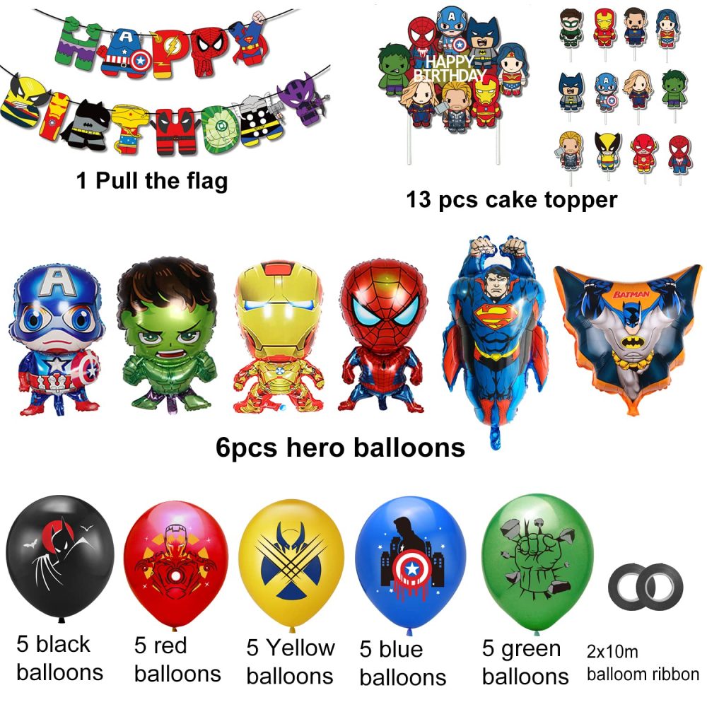 Superhero Birthday Party Decorations Avenger Party Supplies - Happy Birthday Banner Super hero Large Foil Balloons Cake Topper for Kid's Boys, girls Superhero Themem Party Decor Supplies (C) - Image 8