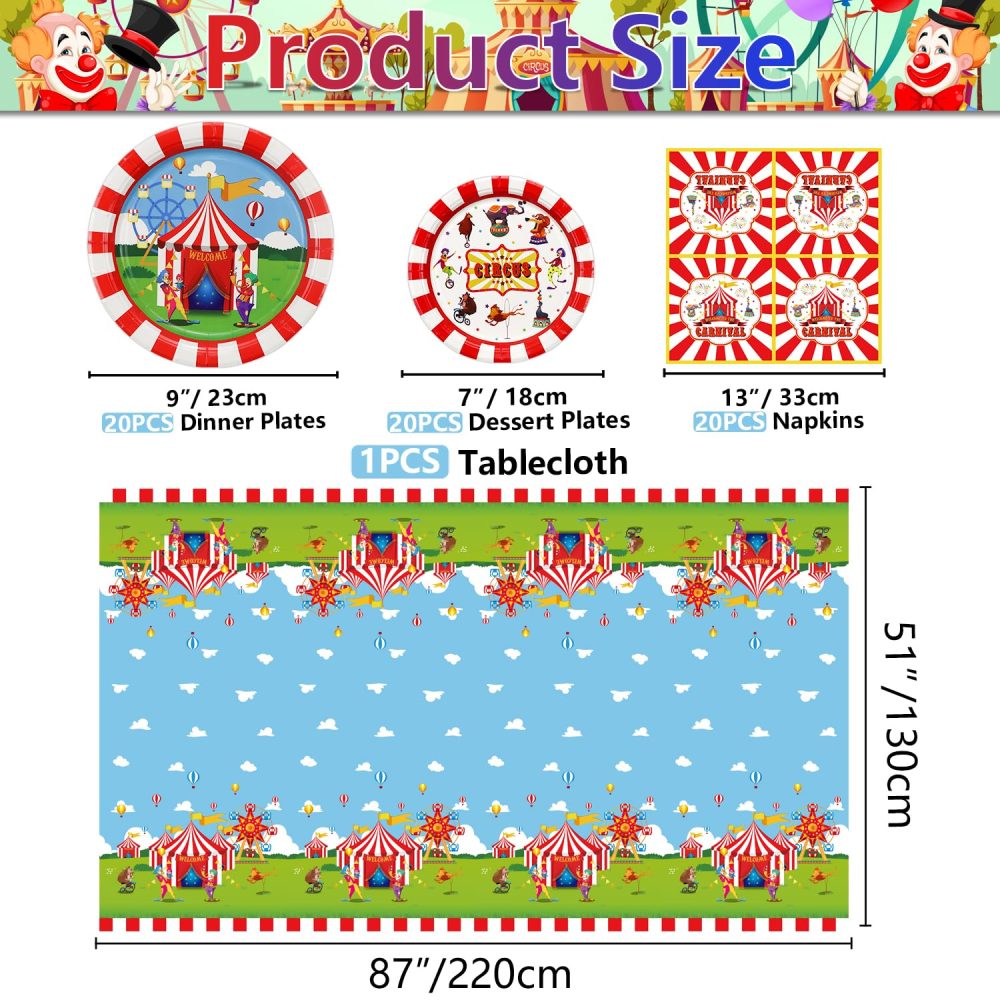 Carnival Party Supplies for 20 Decorations, Circus Tableware Set includes Carnival Paper Plates, Napkins, Welcome to Circus Tablecloth for Circus Carnival Party Decorations, Kids Birthday Party - Image 7