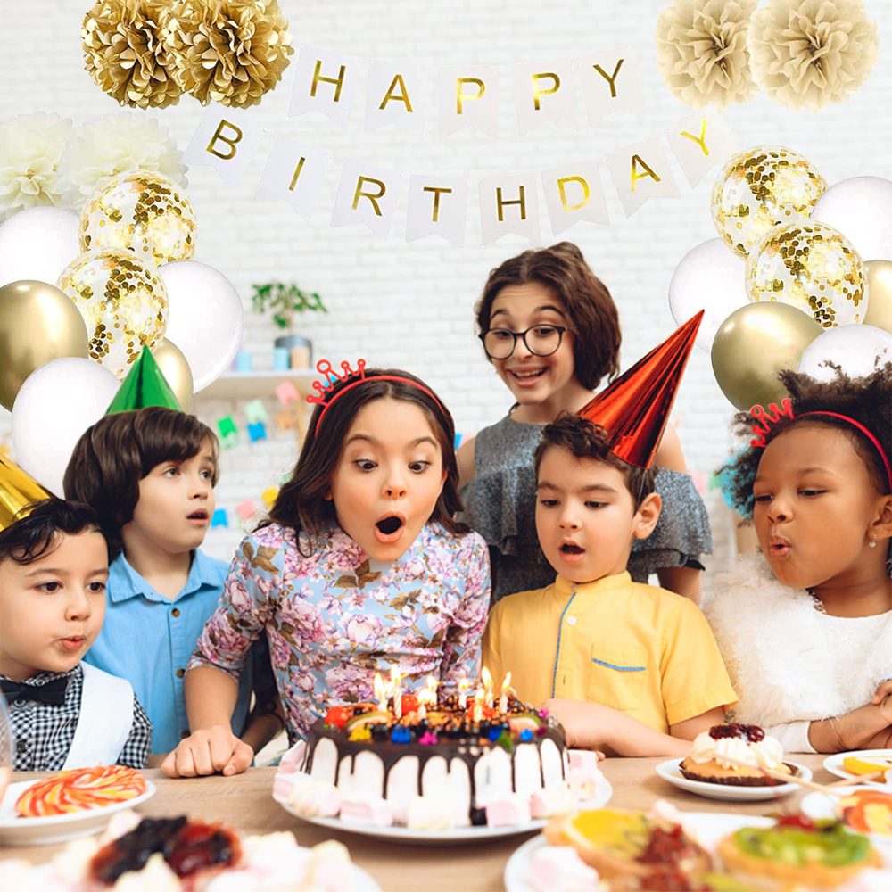 NiCoLa Gold and White Birthday Party Decorations Set, Happy Birthday Decorations including Happy Birthday banner, Tissue Paper Poms, Latex Balloon, Glitter Garlands, Hanging Swirls Party Decorations - Image 3