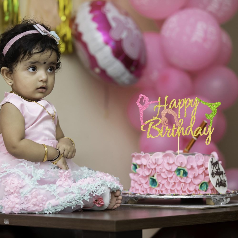 Arthsdite Gymnastics Cake Topper Gymnast Cake Pick for Gymnastics Theme Baby Girl Happy Birthday Party Decorations - Gold Glitter - Image 3