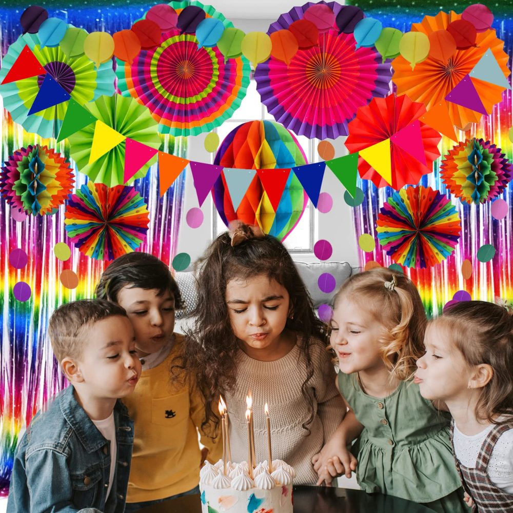 Recosis Party Decorations, Colourful Rainbow Foil Fringe Curtain Fiesta Hanging Paper Fans Pompoms Honeycomb Paper Hot air Balloon Garlands for Mexican Cinco De Mayo Taco Birthday Party Supplies - Image 2