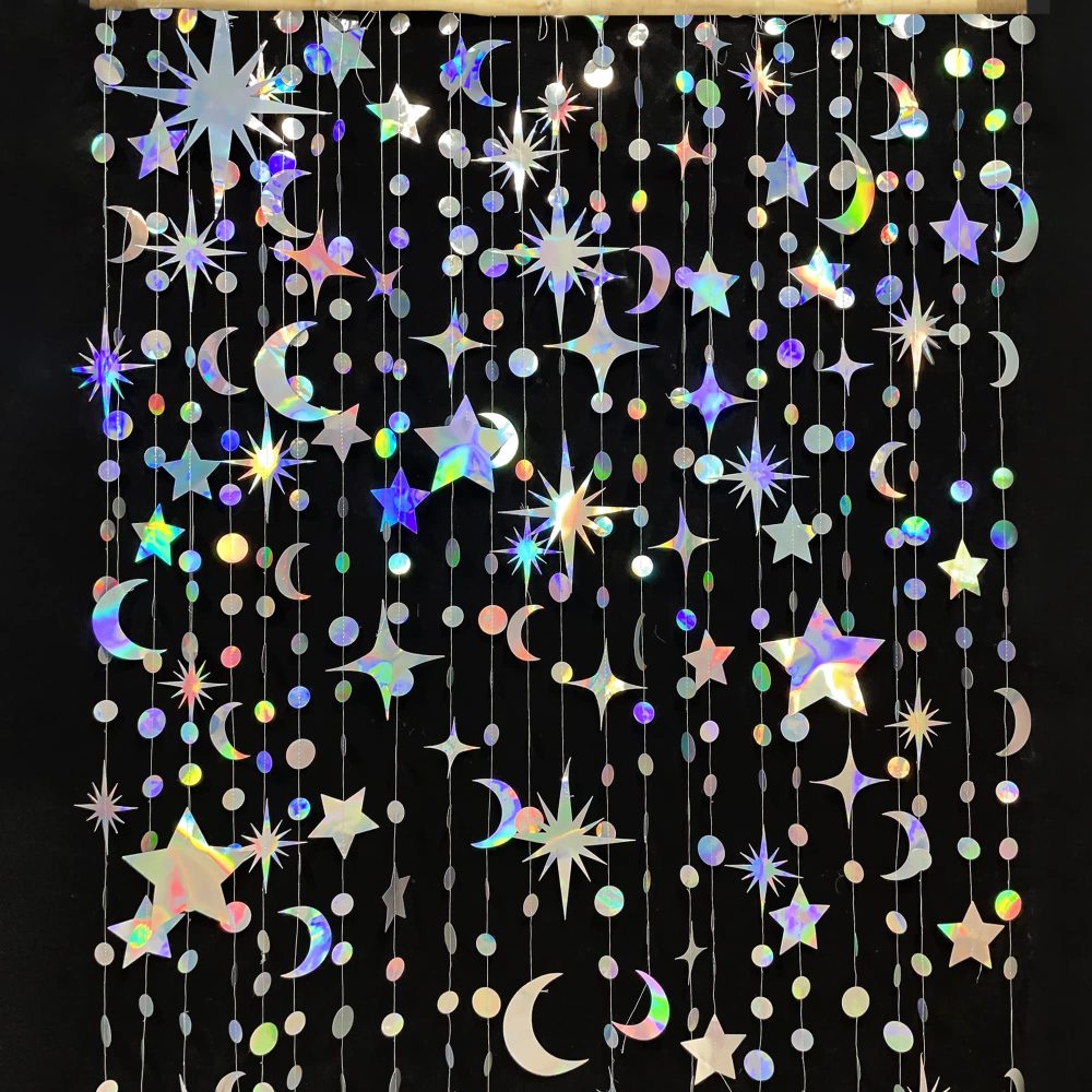 Iridescent Star Moon Circle Dot Garland Party Decoration Kit Hanging Crescent and Twinkle Little Star Streamer Bunting Banner for Kids First Birthday Ramadan EID Mubarak Baby Shower Wedding Decor - Image 5