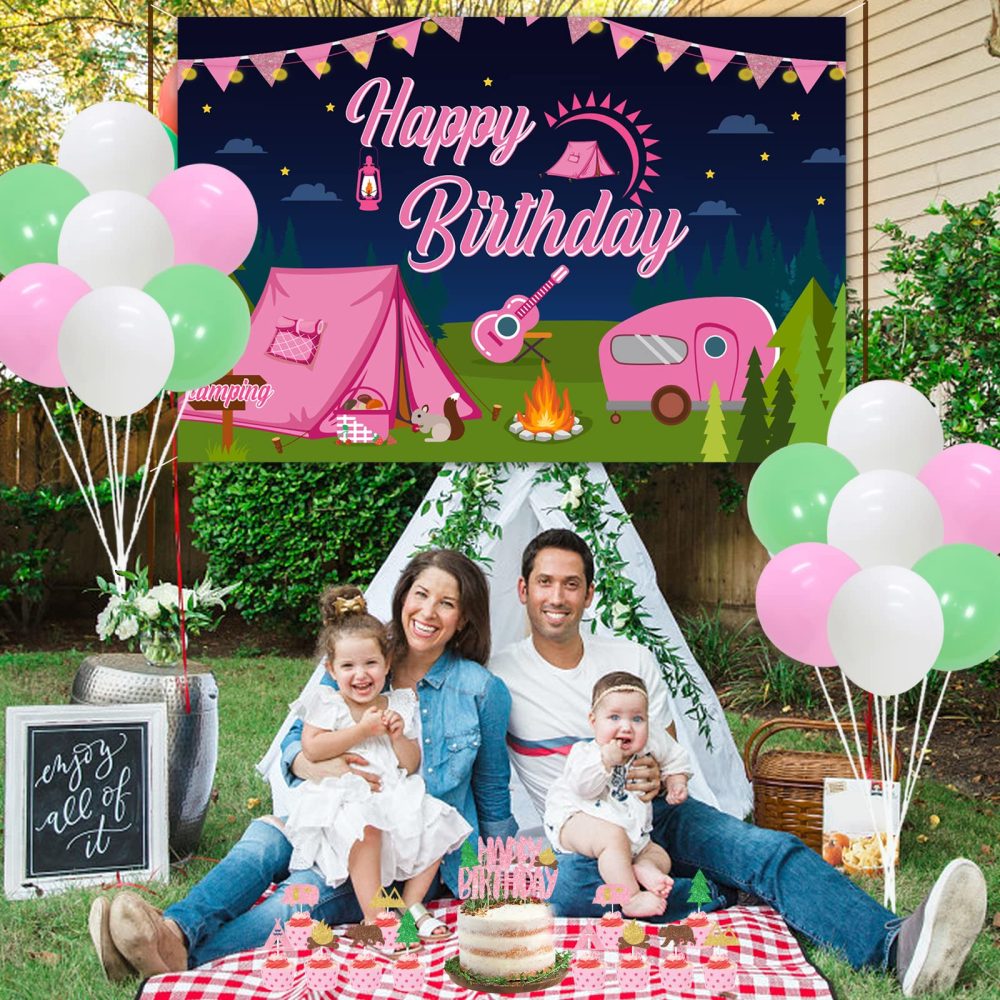 Girl Camping Party Decorations - Pink Camping Party Decorations with Happy Birthday Camping Backdrop, Cake Topper, Banner Garland, Cupcake Topper for Camping Themed Birthday Party Supplies - Image 5