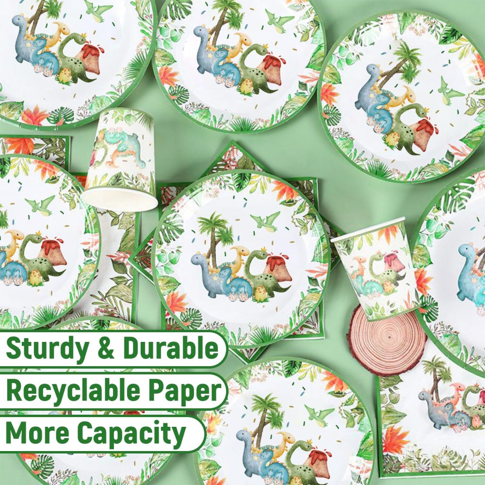 yosiio Dinosaur Party Tableware Set, 16 Guests Dinosaur Birthday Decoration Set, Party Supplies Paper Plates Cups Napkins Table Cloth Balloons for Kids' Birthday Baby Shower - Image 6
