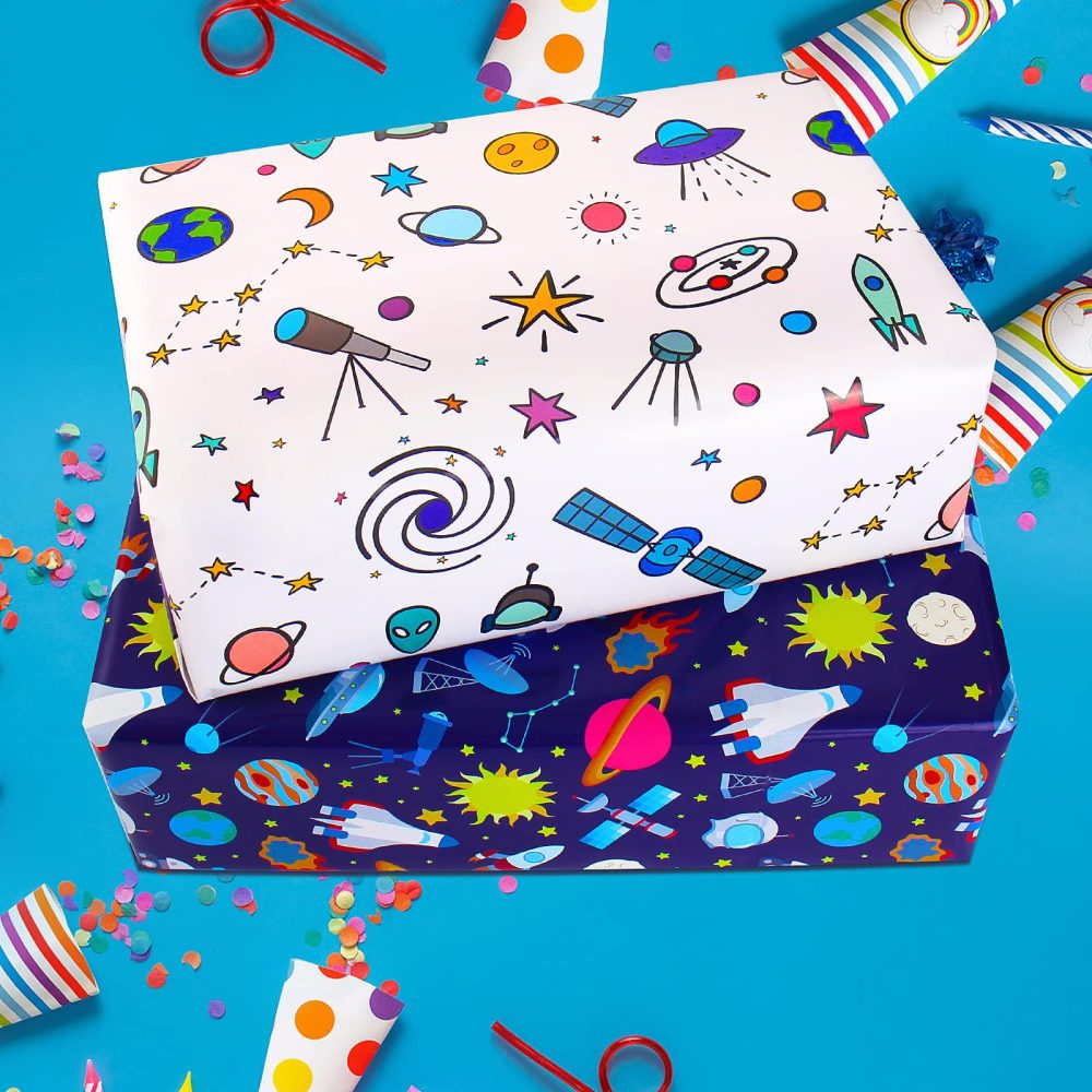 Space Wrapping Paper Birthday Wrapping Paper for Boys Girls,Gift Wrapping Paper Kids with Blue White Navy Birthday Paper for Present Wrapping Paper Sheets with Galaxy Spaceship Birthday Gift Wrap Set - Image 4