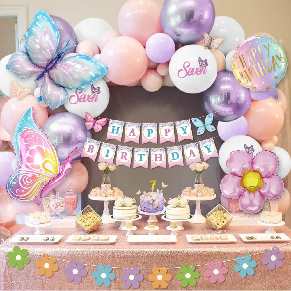 7th Birthday Decorations, Pink Purple Birthday Balloons, Butterfly Birthday Party Decorations, Set With Butterfly Foil Balloons, Butterfly Design Banner, Butterfly Sticker - Image 3