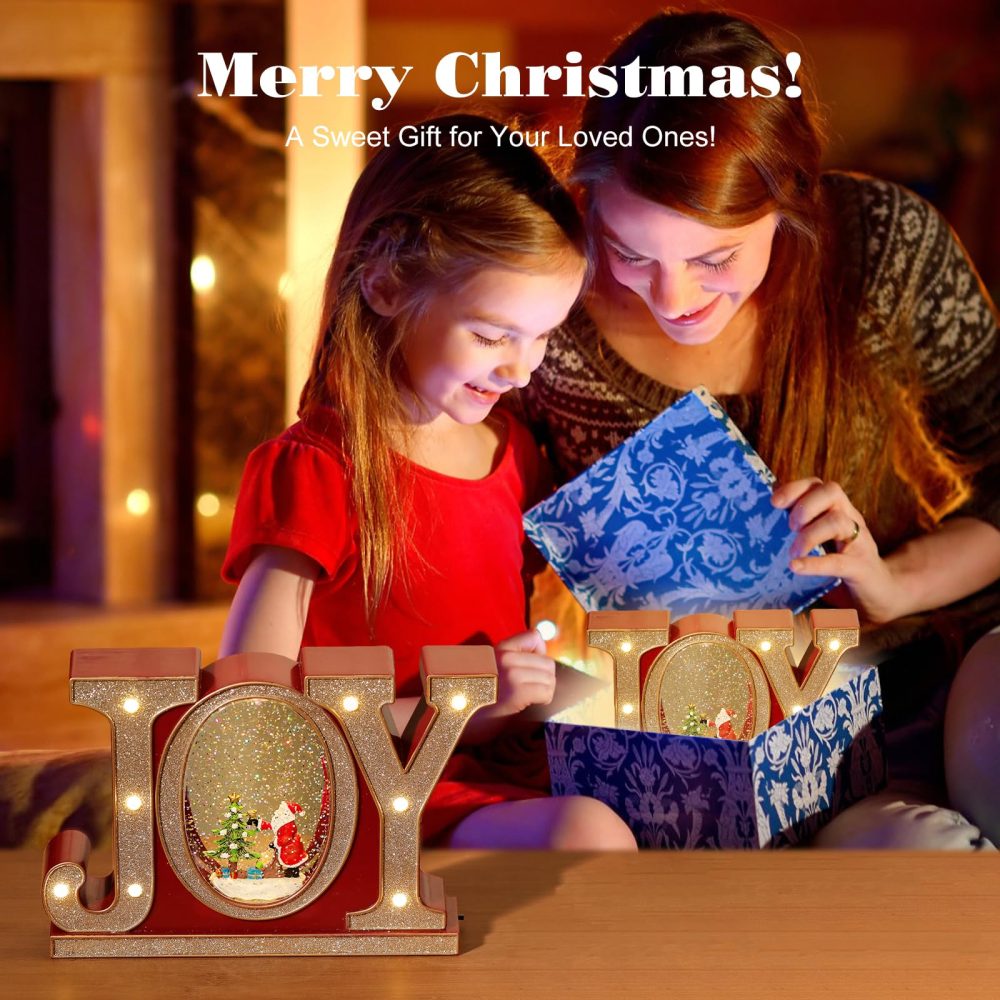 Lewondr Christmas Snow Globes with Music and Light, JOY Crystal Ball with 8 Different Christmas-themed Songs, 6 Hours Timer Function Snow Globe Powered by USB & Battery for Dining Table, Fireplace - Image 2