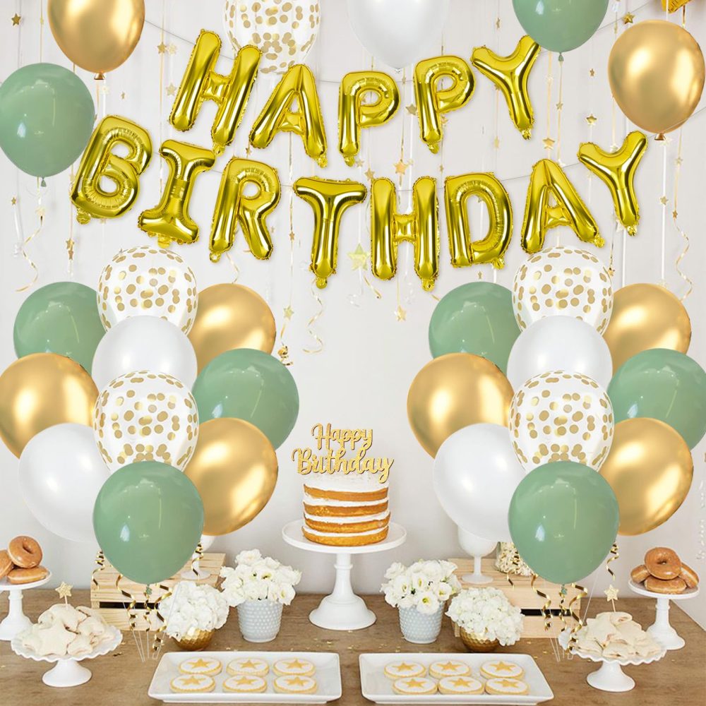 Sage Green Birthday Decorations Set, Happy Birthday Balloons with Sage Green White and Gold Balloons, Happy Birthday Banner and Cake Topper, Party Balloons for Birthday Party Decorations for Men Women - Image 5