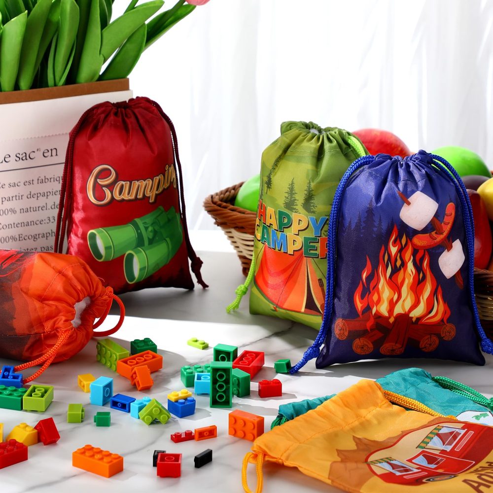 Cunno 24 Pieces Camping Party Favor Bags Camping Gift Treat Bags Camper Theme Goodie Candy Bags Camping Adventure Drawstring Bags for Birthday Hiking Camp Adventure Party Supplies - Image 5