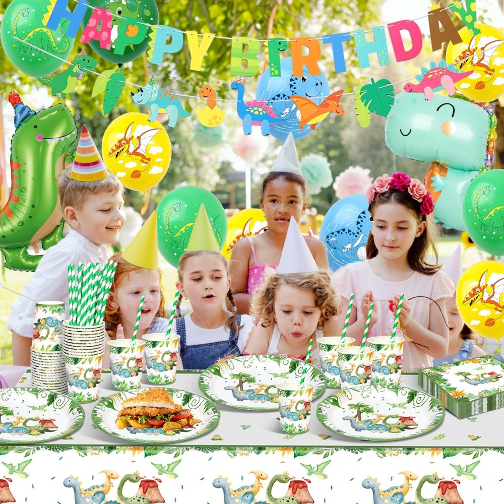 yosiio Dinosaur Party Tableware Set, 16 Guests Dinosaur Birthday Decoration Set, Party Supplies Paper Plates Cups Napkins Table Cloth Balloons for Kids' Birthday Baby Shower - Image 4