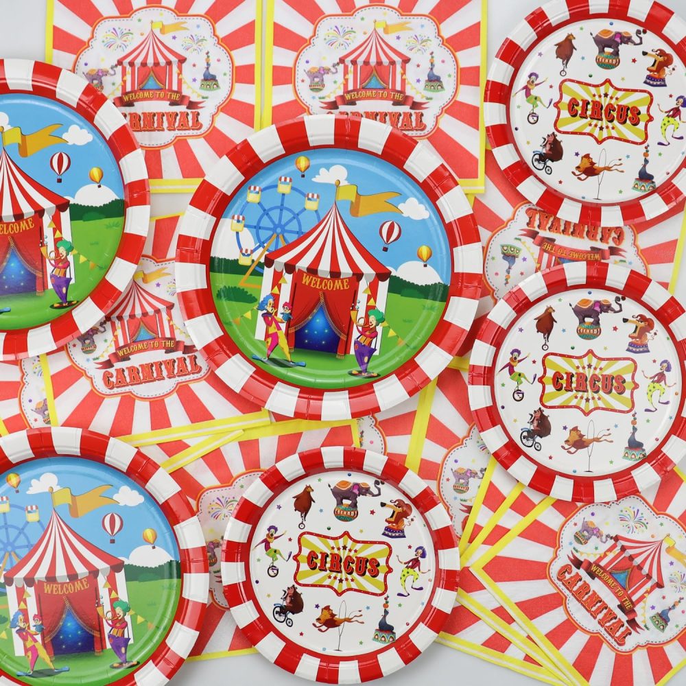 Carnival Party Supplies for 20 Decorations, Circus Tableware Set includes Carnival Paper Plates, Napkins, Welcome to Circus Tablecloth for Circus Carnival Party Decorations, Kids Birthday Party - Image 6