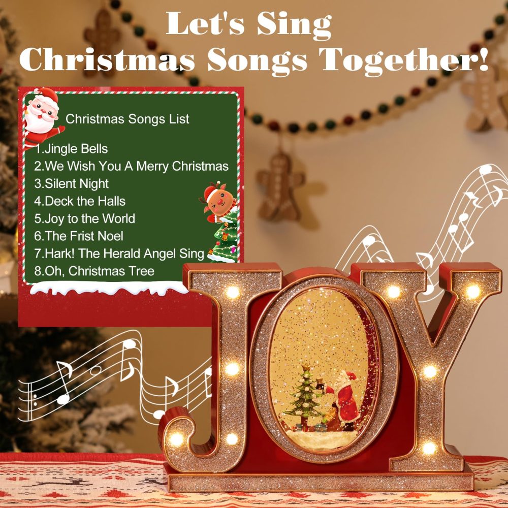 Lewondr Christmas Snow Globes with Music and Light, JOY Crystal Ball with 8 Different Christmas-themed Songs, 6 Hours Timer Function Snow Globe Powered by USB & Battery for Dining Table, Fireplace - Image 6