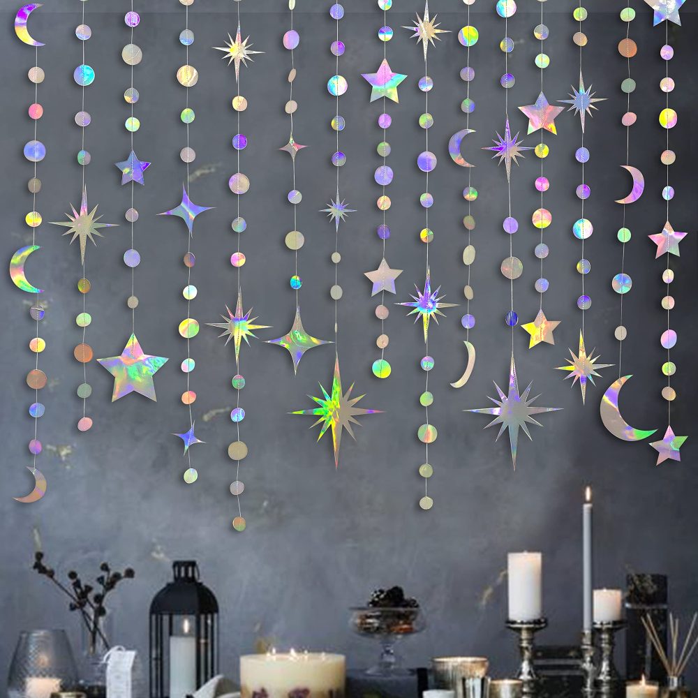 Iridescent Star Moon Circle Dot Garland Party Decoration Kit Hanging Crescent and Twinkle Little Star Streamer Bunting Banner for Kids First Birthday Ramadan EID Mubarak Baby Shower Wedding Decor - Image 2