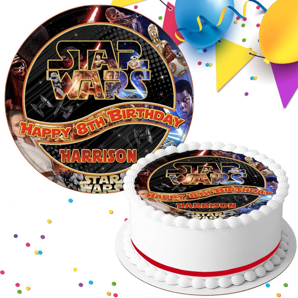 STAR WARS BIRTHDAY PERSONALISED EDIBLE ICING SHEET 7.5 INCH CAKE TOPPER D752