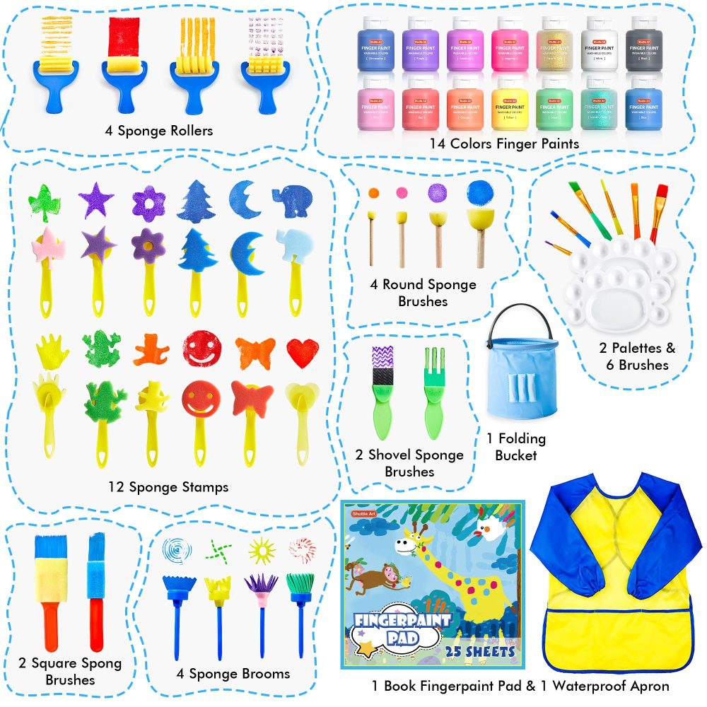 Shuttle Art Washable Finger Paint Set, 53 Pack Kids Paint Set with 14 Colours(60ml) Finger Paints, Brushes, Finger Paint Pad, Sponge, Palette, Smock, Bucket, NonToxic for Toddlers Early Education - Image 7