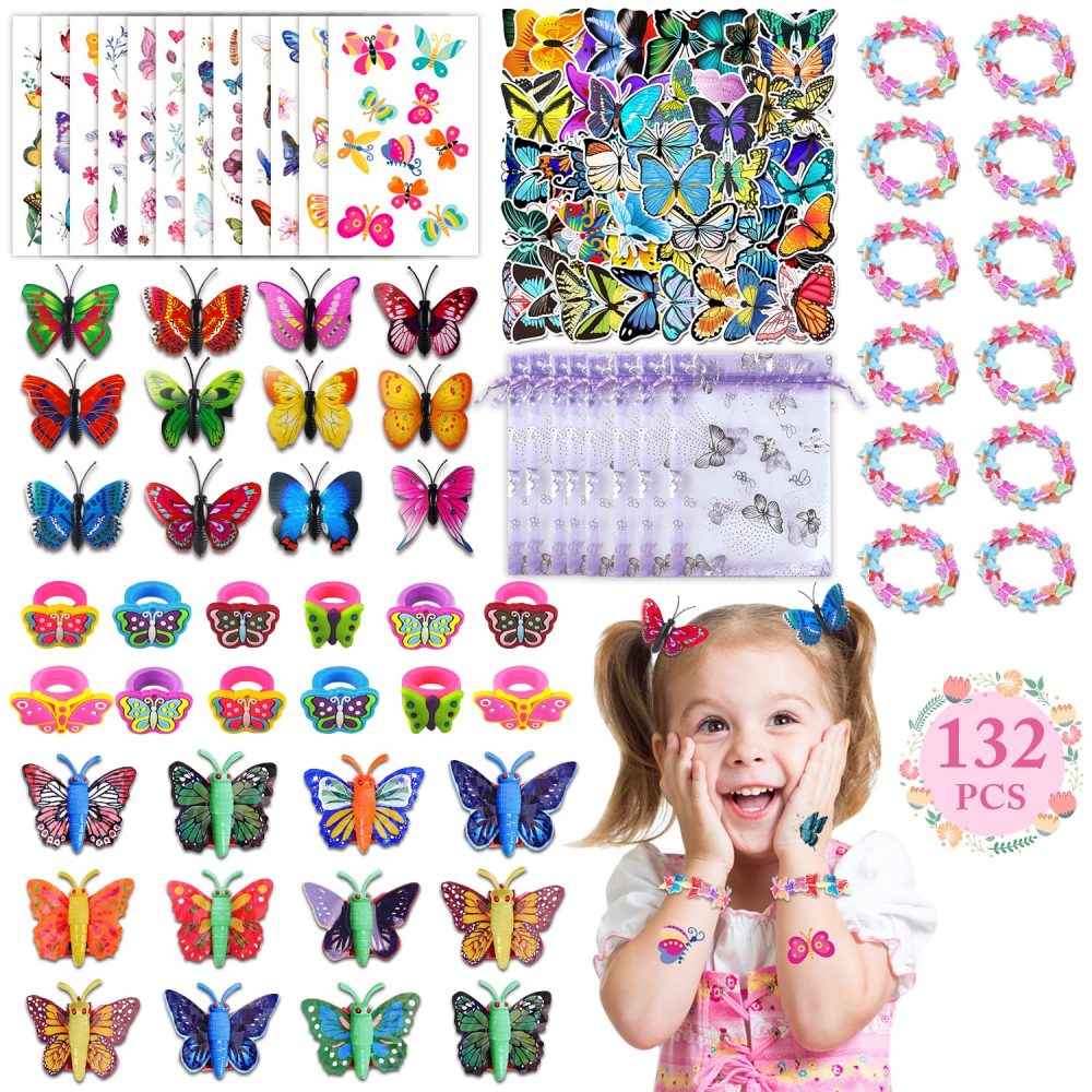 Leesgel Butterfly Party Supplies, 132pcs Party Bag Fillers for Kids Girls Butterfly Party Decorations Birthday Favours - Butterfly Hair Clips Bracelet Rings Temporary Tattoos Butterfly Stickers