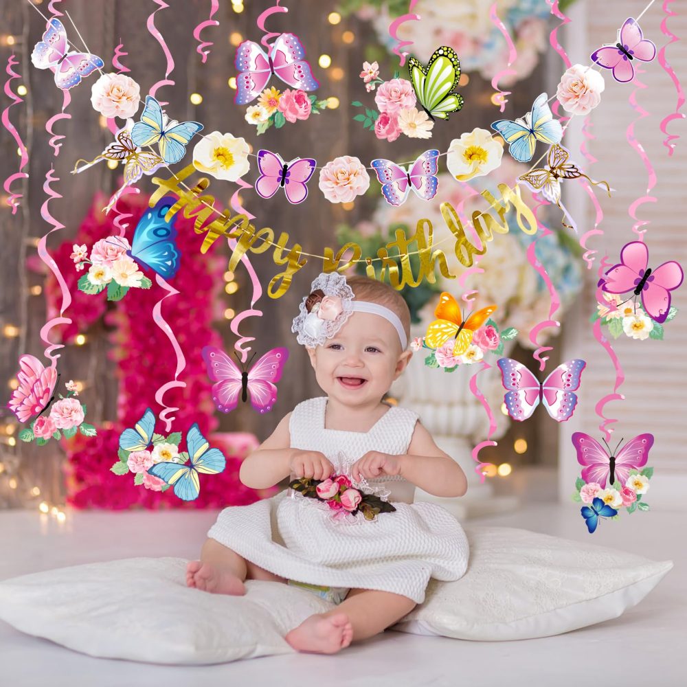 SUNBEAUTY Butterfly Birthday Party Decorations Paper Flowers Hanging Butterfly Decorations Butterfly Birthday DIY Banner Hanging Swirls Decorations Birthday Decorations for Women Girls Children - Image 2