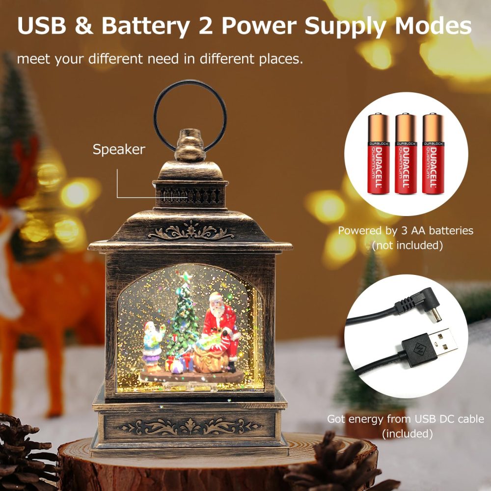 Marsyu Christmas Lantern Musical Christmas Snow Globes USB&Battery Powered Rotating Glittering Water Lanterns with Timer Vintage Christmas Decorations Home Décor Gifts (Santa Tree Little Girl Scene) - Image 7