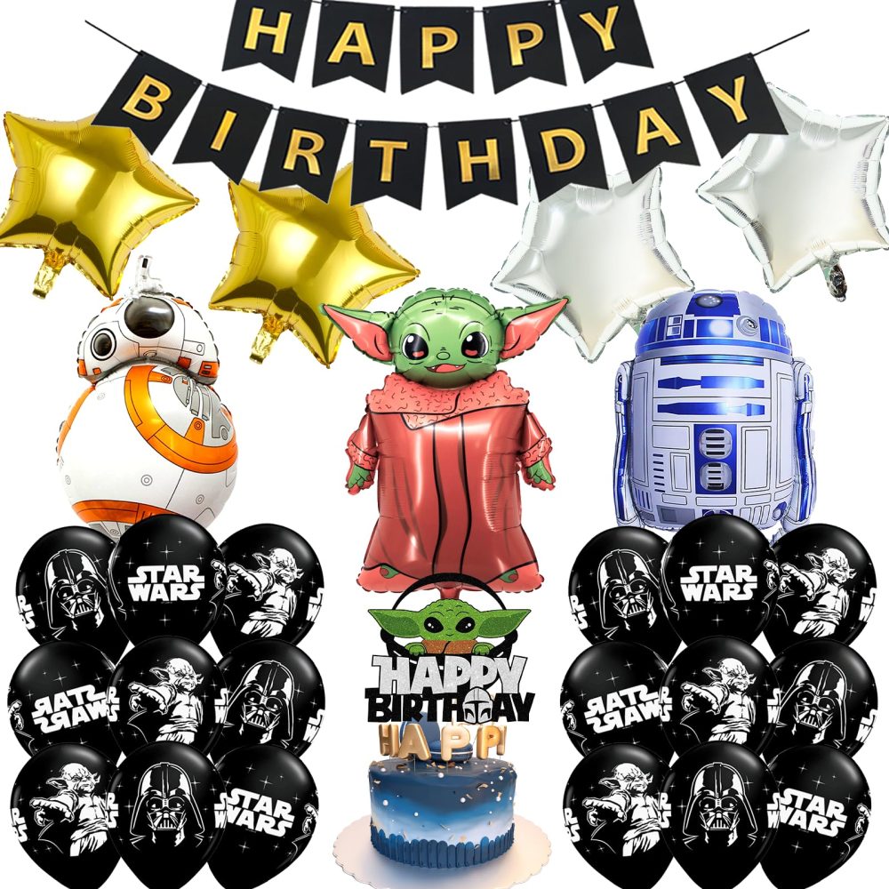21PCS S-tar Wars Party Balloons, Cartoon Yoda Foil Balloons Wars Theme Birthday Party Decorations Set with Banner Cake Toppers Latex Balloons, Wars Birthday Party Supplies for Kids Boys Girls