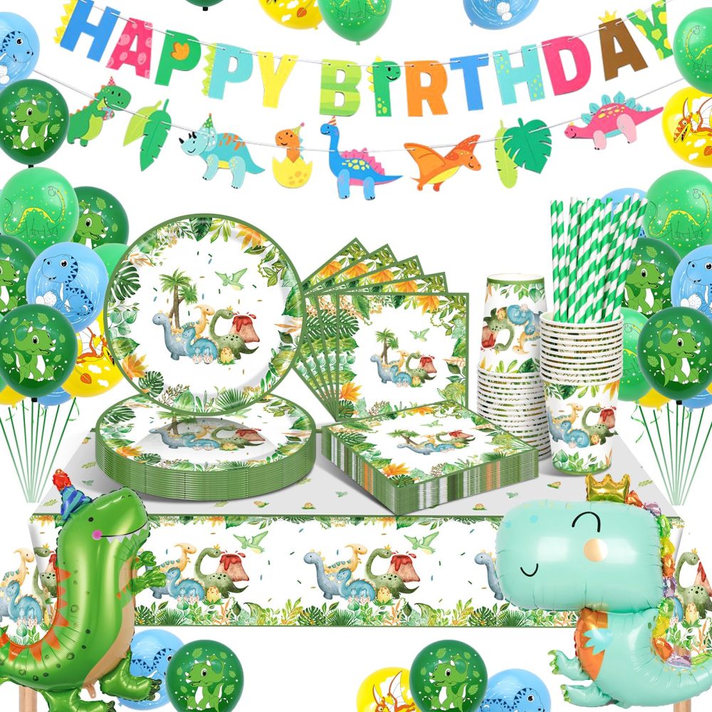 yosiio Dinosaur Party Tableware Set, 16 Guests Dinosaur Birthday Decoration Set, Party Supplies Paper Plates Cups Napkins Table Cloth Balloons for Kids' Birthday Baby Shower