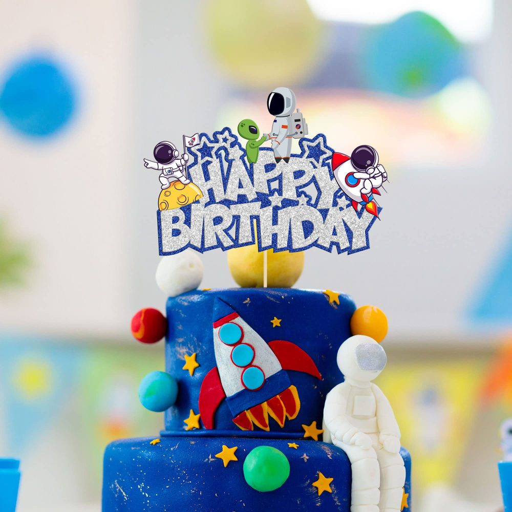 Gyufise 1Pcs Space Happy Birthday Cake Topper Glitter Astronaut Rocket Space Birthday Cake Decorations Outer Space Theme Baby Shower Kids Birthday Party Decorations Supplies - Image 3