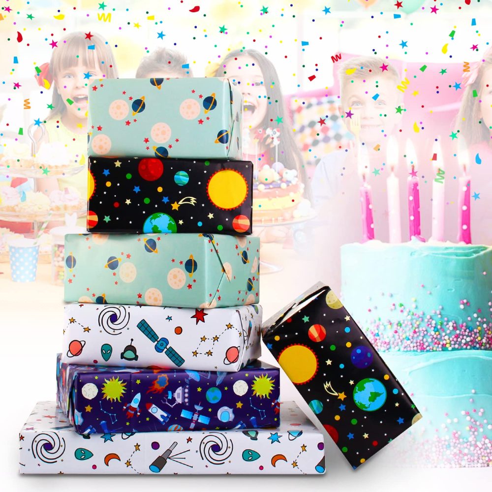 Space Wrapping Paper Birthday Wrapping Paper for Boys Girls,Gift Wrapping Paper Kids with Blue White Navy Birthday Paper for Present Wrapping Paper Sheets with Galaxy Spaceship Birthday Gift Wrap Set - Image 3