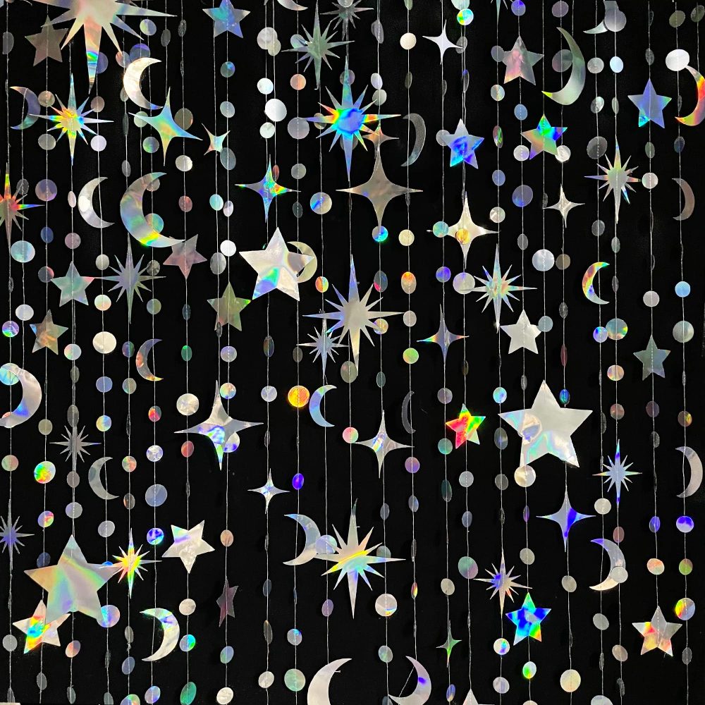 Iridescent Star Moon Circle Dot Garland Party Decoration Kit Hanging Crescent and Twinkle Little Star Streamer Bunting Banner for Kids First Birthday Ramadan EID Mubarak Baby Shower Wedding Decor