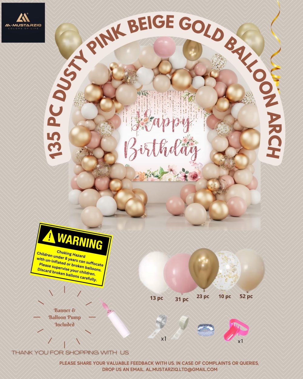 AL-Mustarziq Apricot Pink Rose Gold Balloon Arch Kit with Baloon Pump- 135pc Dusty Pink Balloons Garland with Retro Pink, Cream and Gold Balloons, Arch Tape, Glue Dots For Hen Party Decoration - Image 3